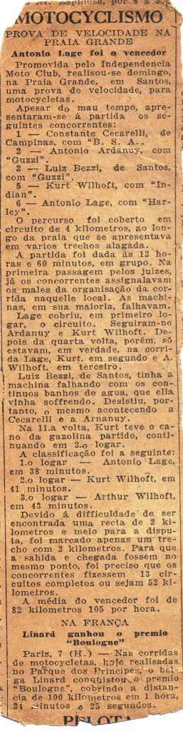 Report extracted from unidentified newspaper shows Antonio Lage, Constante Ceccarelli and Luiz Bezzi, characters that marked the first competitions in Brazil. Antonio Lage Collection / Edgard Soares / Motostory