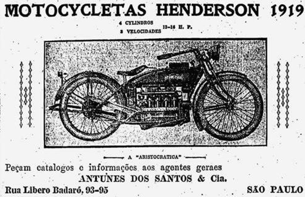 Ad of Antunes dos Santos e Cia offers Henderson Motorcycles on June 26, 1919, in the newspaper O Estado de São Paulo