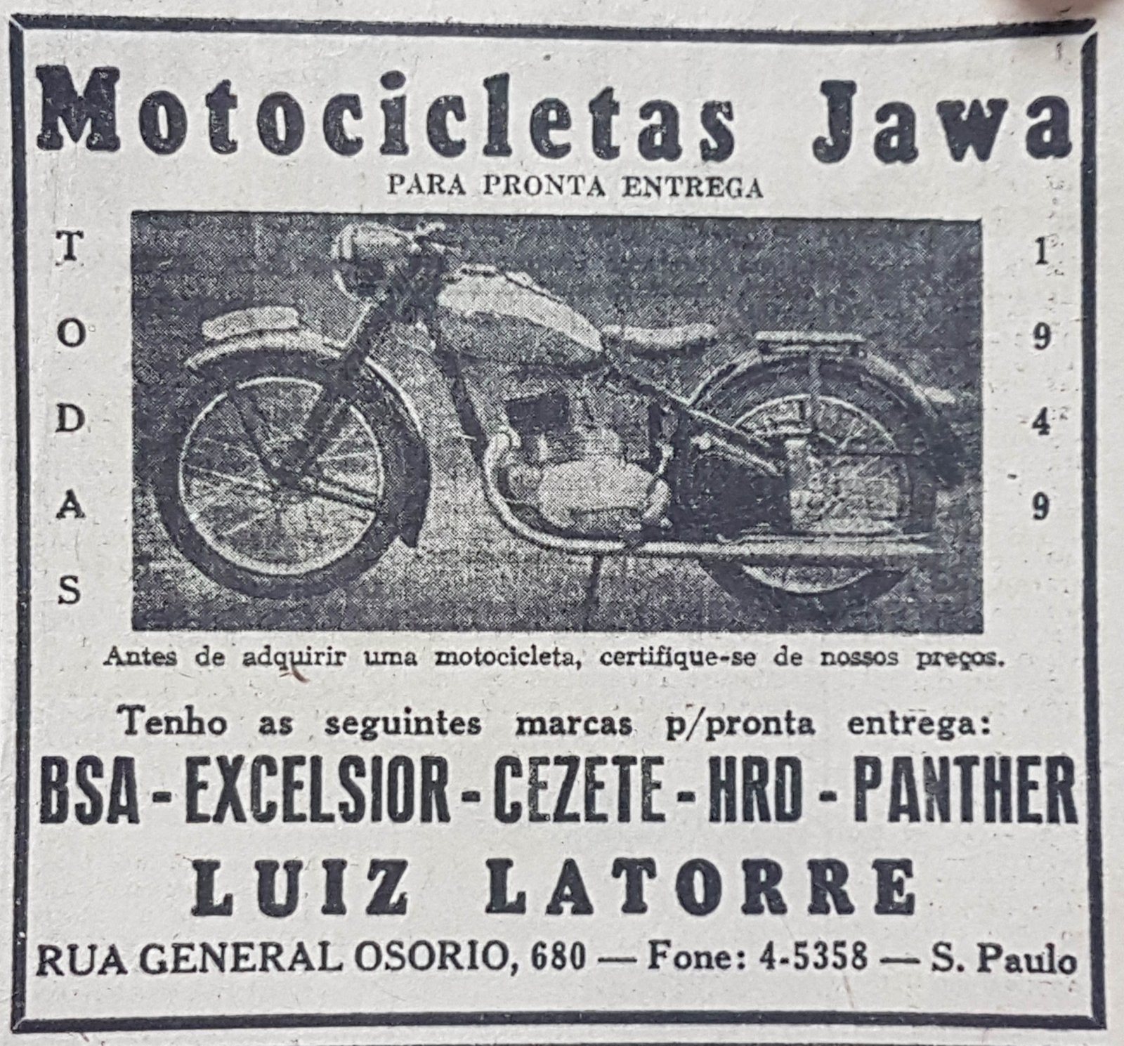 Anuncio de Luiz Latorre na mesma edição do jornal “O Guidão”, de 1949 – Acervo Edgard Soares / Motostory