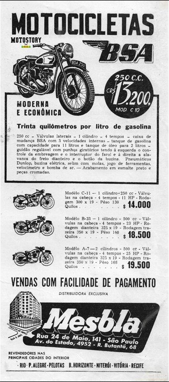 Anúncio da Mesbla (quem conheceu?) revendedora das "modernas e econômicas" BSA de 250 cc, na edição N1 da revista Motociclismo de 1949 - Acervo família Edgard Soares / Motostory