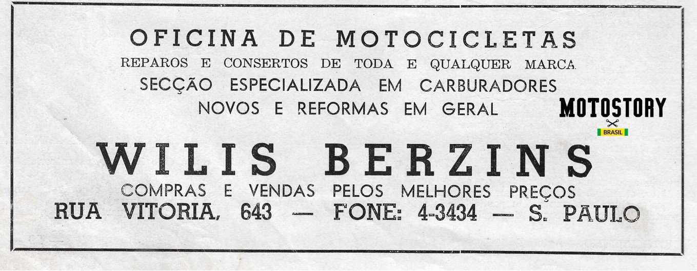 Anúncio Wilis Berzins, especializada em carburadores, na edição N1 da revista Motociclismo de 1949 - Acervo família Edgard Soares / Motostory