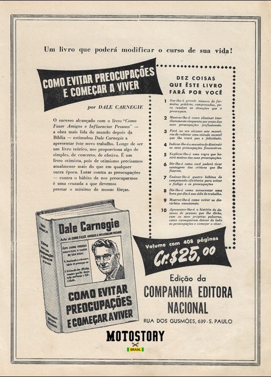 Anúncio Cia Editora Nacional oferece o título "Como evitar Preocupações e Começar a Viver"... Super atual, não acham? - na edição N2 da revista Motociclismo de 1949 - Acervo família Edgard Soares / Motostory