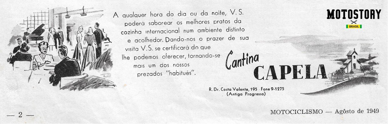 Anúncio da Cantina Capela, de olho no público motociclista, na edição N2 da revista Motociclismo de 1949 - Acervo família Edgard Soares / Motostory