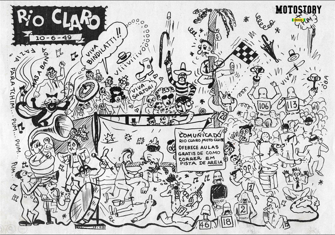 Cartoon sobre prova realizada pelo Moto Clube de Rio Claro em 10 de junho de 1949 na edição N2 da revista Motociclismo de 1949 - Acervo família Edgard Soares / Motostory