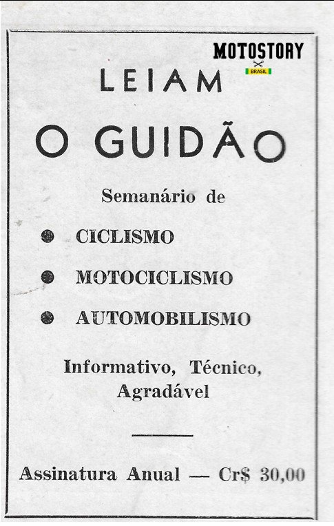 Anúncio do jornal O Guidão, parceiro da Revista Motociclismo, na edição N1 da revista Motociclismo de 1949 - Acervo família Edgard Soares / Motostory