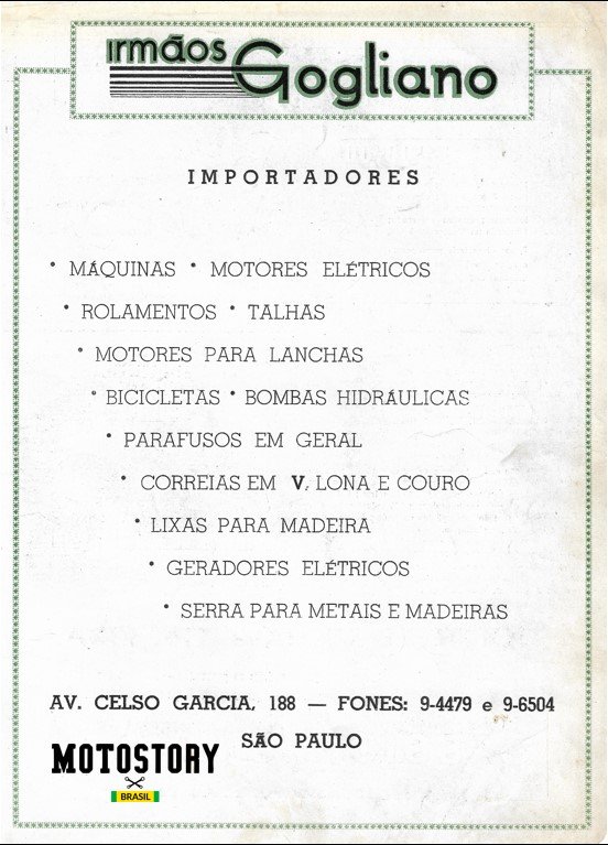 Anúncio Irmãos Gogliano... um generalista em ferramentas, motores e afins... na edição N1 da revista Motociclismo de 1949 - Acervo família Edgard Soares / Motostory