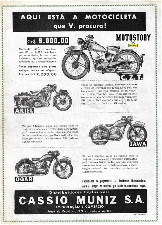 Anúncio Cassio Muniz, importador CZT, Ariel, Jawa e Ogar, na edição N1 da revista Motociclismo de 1949 - Acervo família Edgard Soares / Motostory