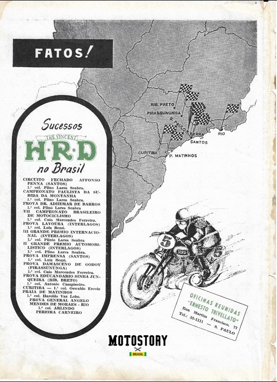 Anúncio das Oficinas Reunidas Ernesto Trivellato, importador HRD enaltecendo as vitórias da marca nas competições, na edição N1 da revista Motociclismo de 1949 - Acervo família Edgard Soares / Motostory