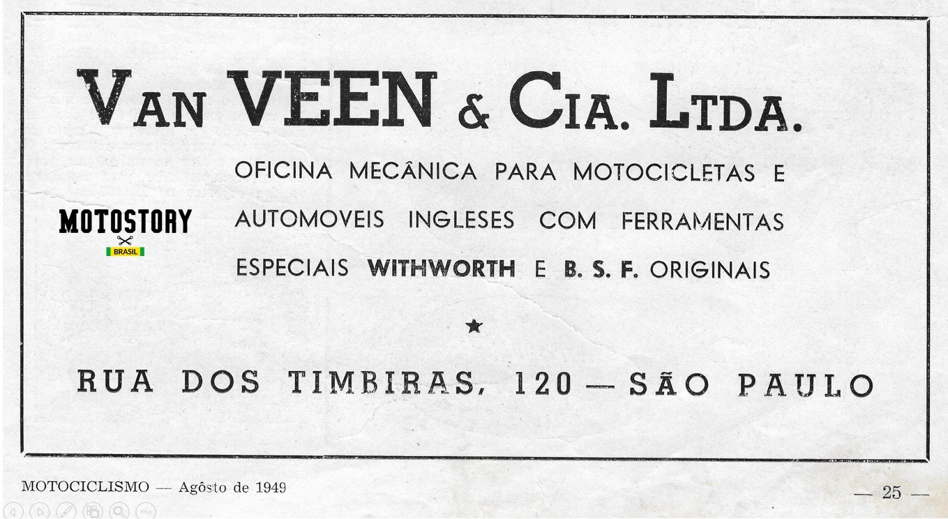 Anúncio Van Veen, oficina especializada, na edição N1 da revista Motociclismo de 1949 - Acervo família Edgard Soares / Motostory