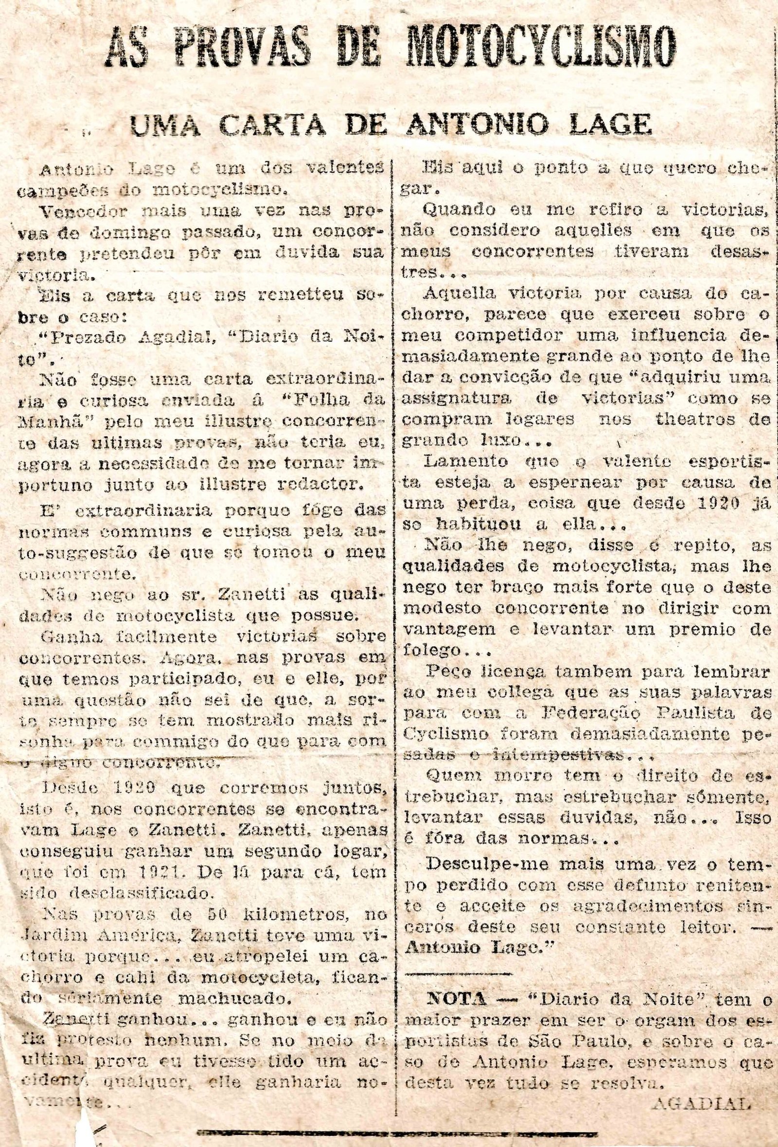 LINHA DO TEMPO - 1920 - As provas de Motocyclismo - Uma Carta de Antônio Lage - Acervo Edgard Soares
