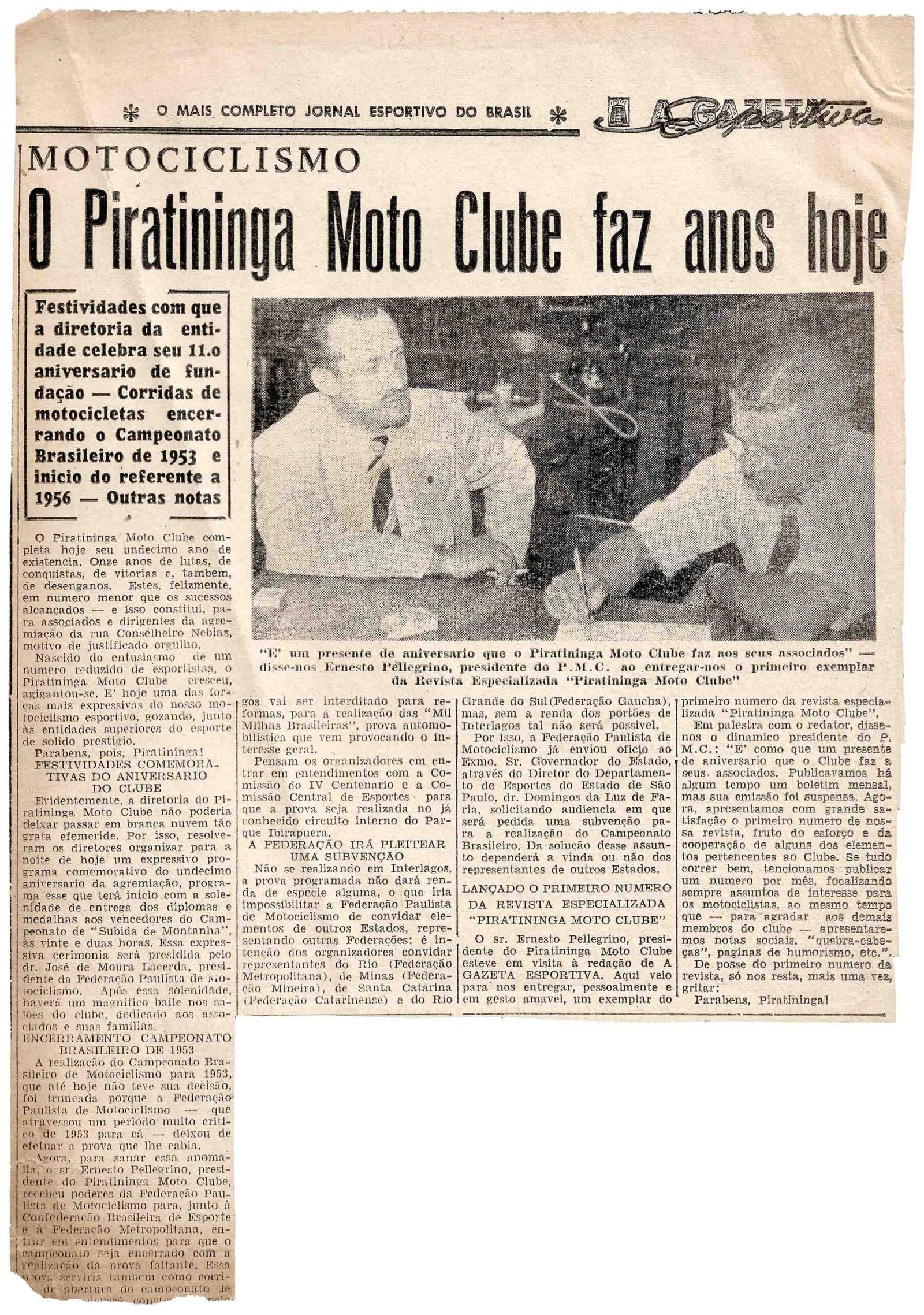 Matéria do Jornal A Gazeta Esportiva menciona aniversário do Piratininga Moto Clube, um dos mais importantes da nossa história - Acervo FPM