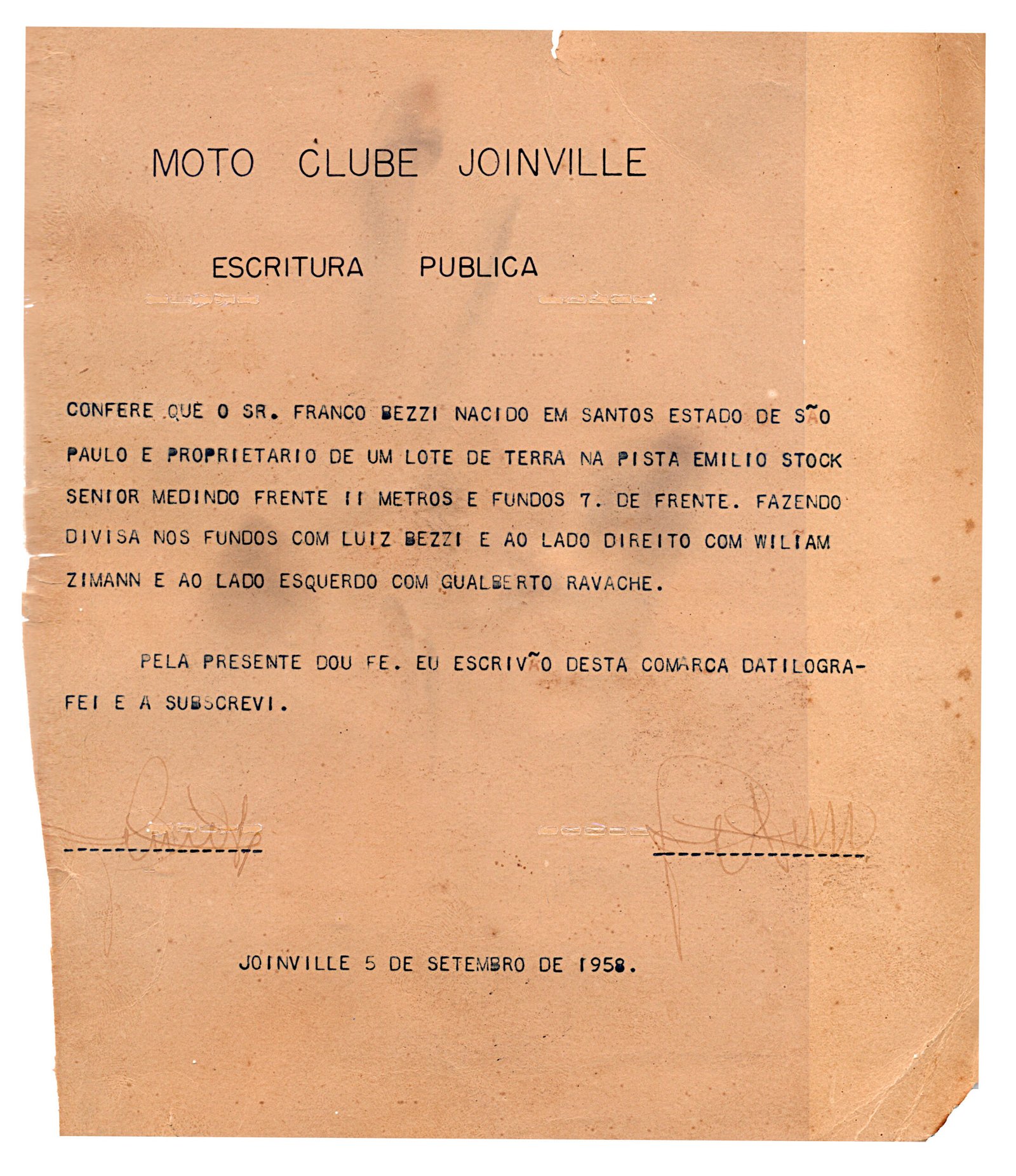 Título de aquisição de terreno em 1958, Joinville, Sta Catarina. Aparentemente um tombo coletivo. Acervo família Bezzi