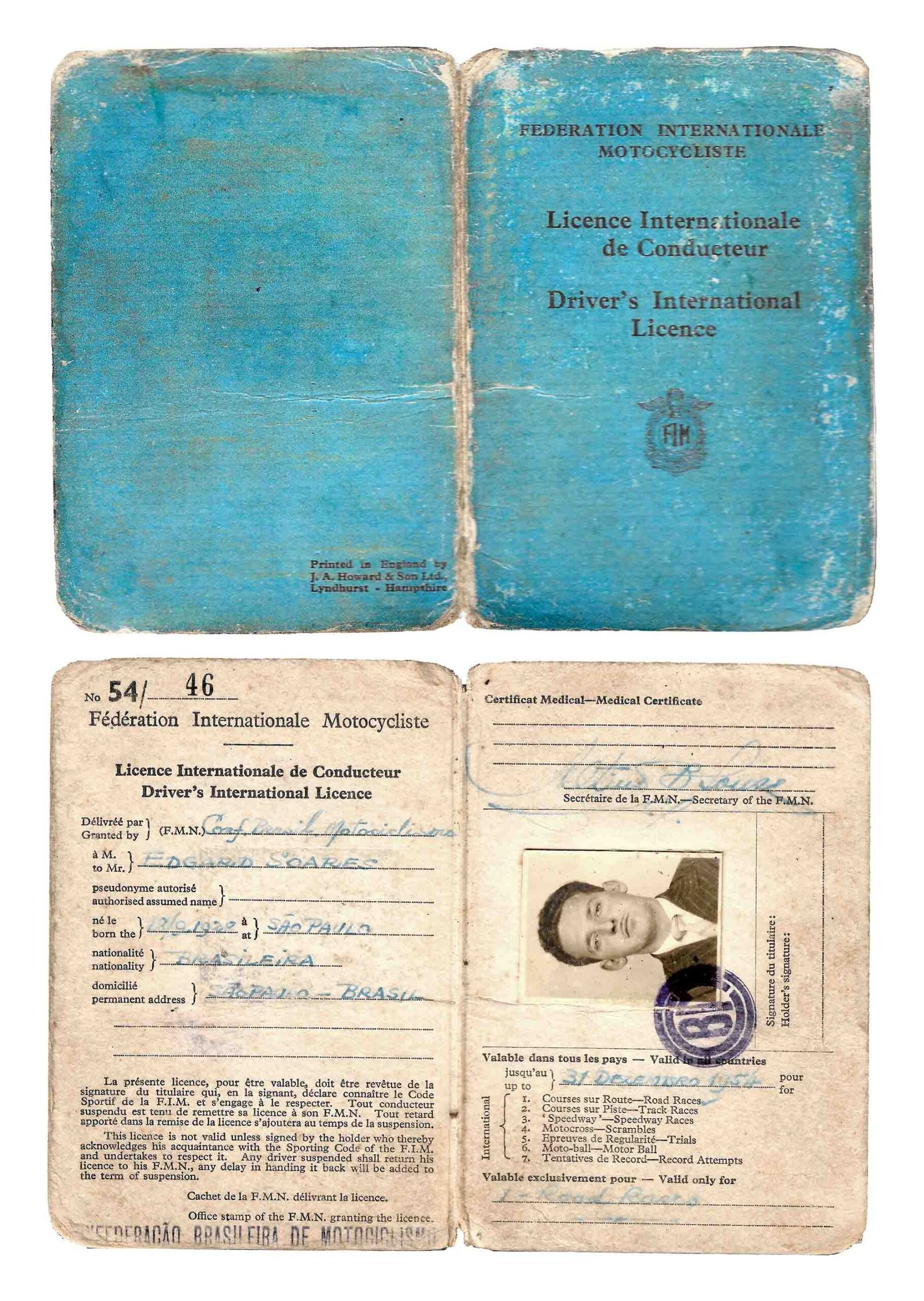 Carteira da FIM de Edgard Soares em 1954, ano em que registra-se pela primeira vez o número 46 na Federação Internacional de Motociclismo - Acervo Edgard Soares